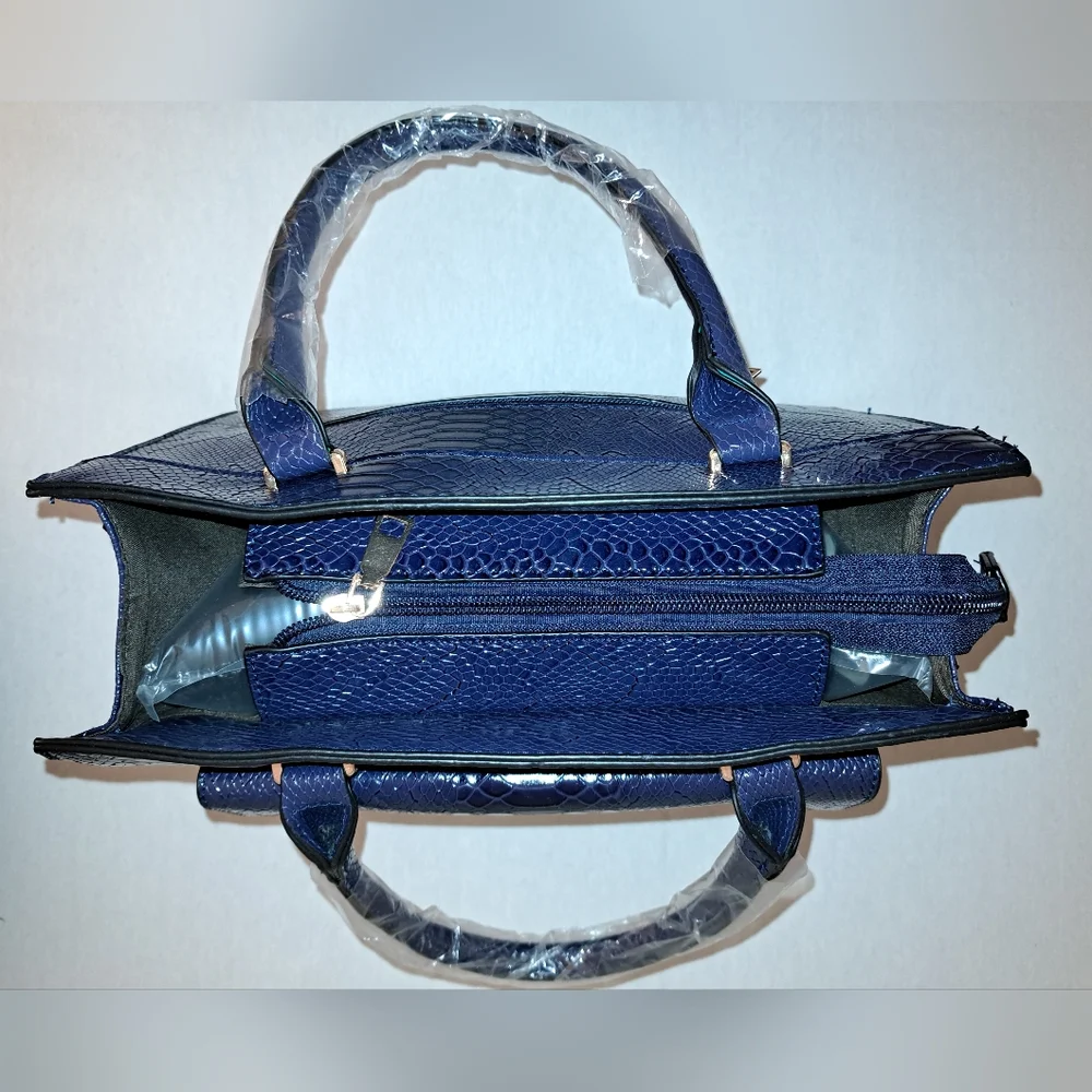 Navy Blue Faux Snake Embossed Tote, Gold Hardware, Shoulder Strap Included, NEW! - Picture 5 of 14